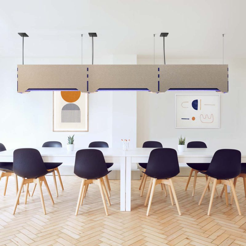 Acoustic LED pendant light with interlocking capabilities. Available in up to three shade color configurations.