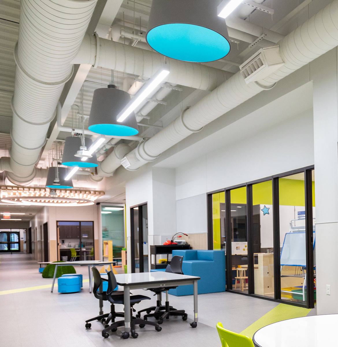 Lumetta’s L2 Tapered Acoustic Pendants were the perfect acoustic lighting solution for Menchaca Elementary School.