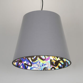 custom pendant lighting with a grey exterior lined with a colorful Lumenate® flower graffiti pattern